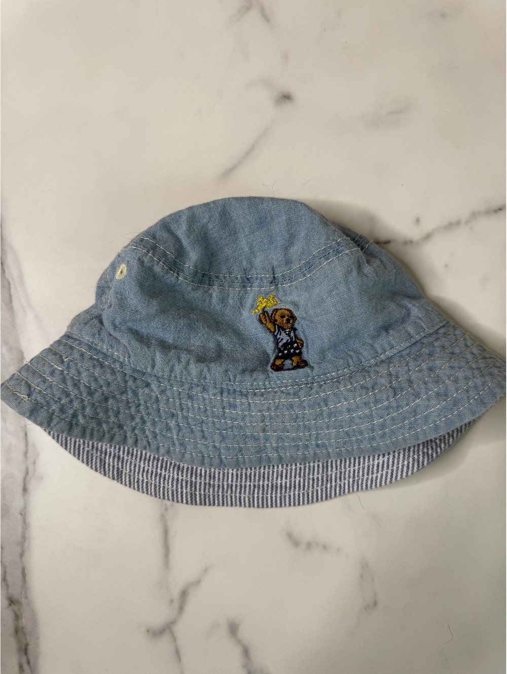 Ralph Lauren Baby 3-9M Reversible Bucket Hat Blue Cotton Polo Bear Pony